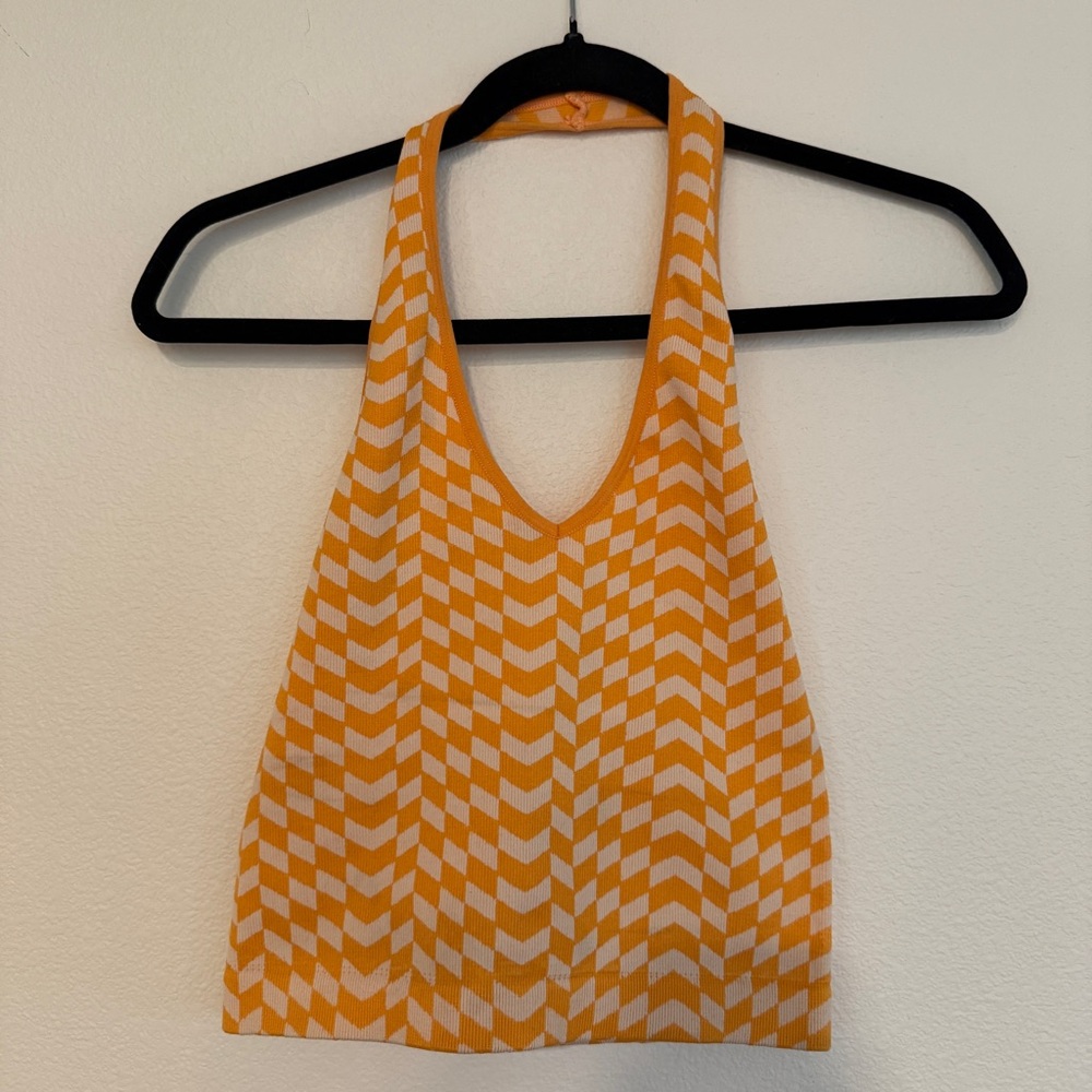 Orange and White Geometric Crop Halter Top